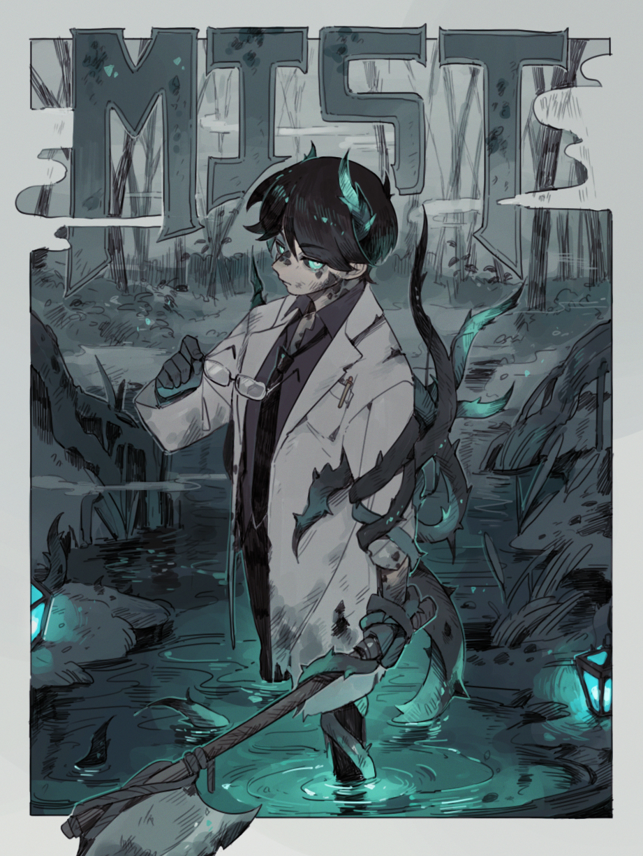 1boy, aqua_eyes, aqua_theme, axe, black_hair, black_sclera, colored_sclera, commentary