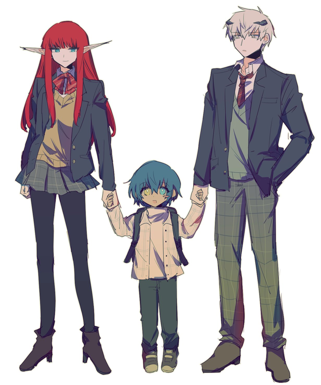 1girl, 2boys, aged_down, backpack, bag, black_jacket, black_pants, blue_eyes