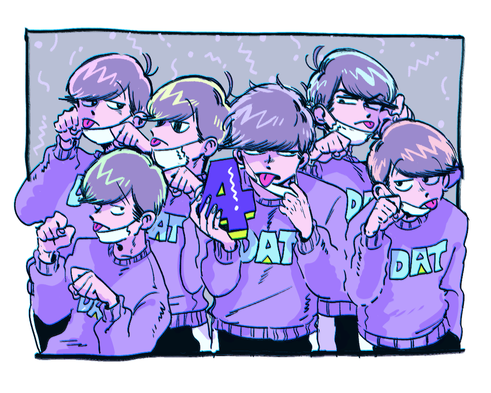 <o>_<o>, 6+boys, :p, ahoge, brothers, clothes_writing, cosplay, frown