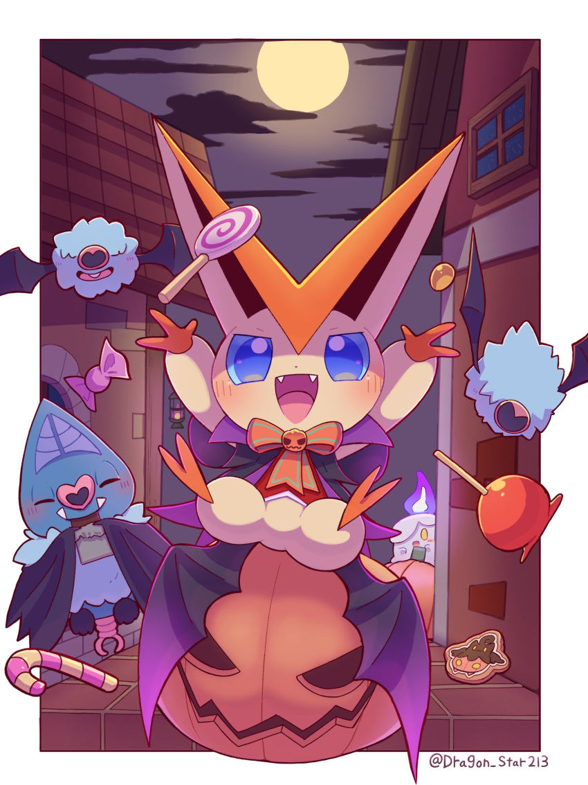 bat_wings, blue_eyes, blush, candy, candy_apple, candy_cane, candy_wrapper, clouds
