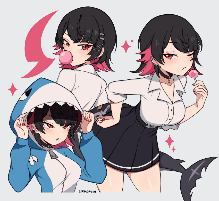 1girl, animal_costume, belt, black_choker, black_hair, black_skirt, blowing_bubbles, breasts