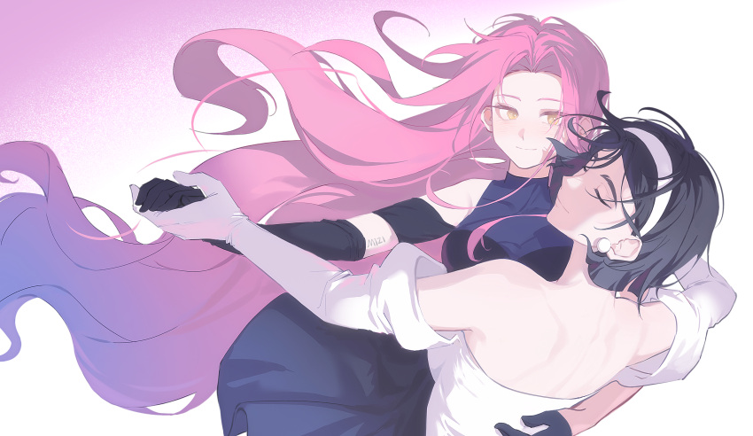 2girls, absurdres, alien_stage, arm_tattoo, asymmetrical_gloves, black_dress, black_gloves, blue_hair, chinese_commentary, closed_eyes, clothing_cutout, commentary, dancing, dress, earrings, elbow_gloves, gloves, gradient_hair, haha174756, hairband, half_gloves, hand_on_another's_back, highres, holding_hands, jewelry, long_hair, looking_at_another, mizi_(alien_stage), multicolored_hair, multiple_girls, pearl_earrings, pink_background, pink_hair, short_hair, shoulder_cutout, single_elbow_glove, single_half_glove, sua_(alien_stage), tattoo, two-tone_background, two-tone_hair, very_long_hair, white_background, white_dress, white_gloves, white_hairband, yellow_eyes, yuri