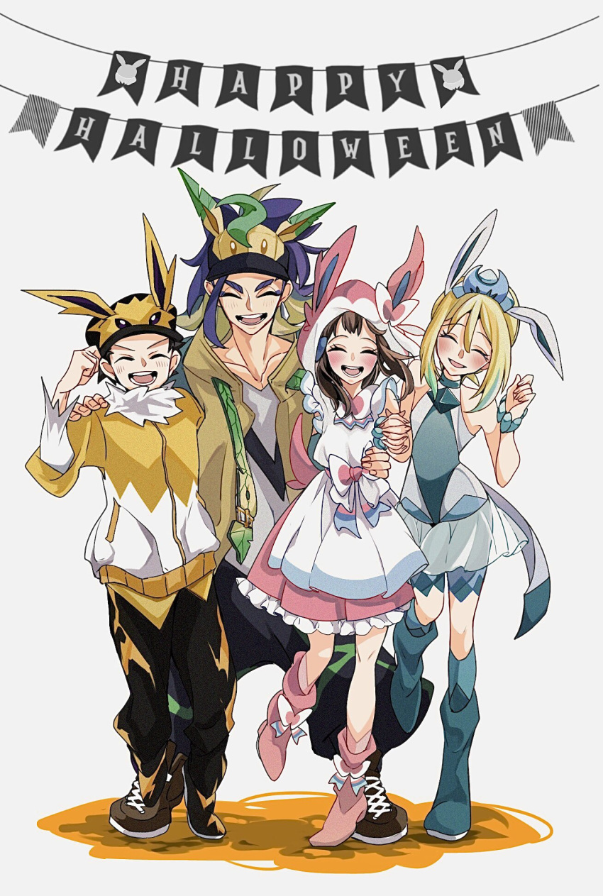 2boys, 2girls, adaman_(pokemon), akari_(pokemon), animal_ears, blonde_hair, bow, brown_hair
