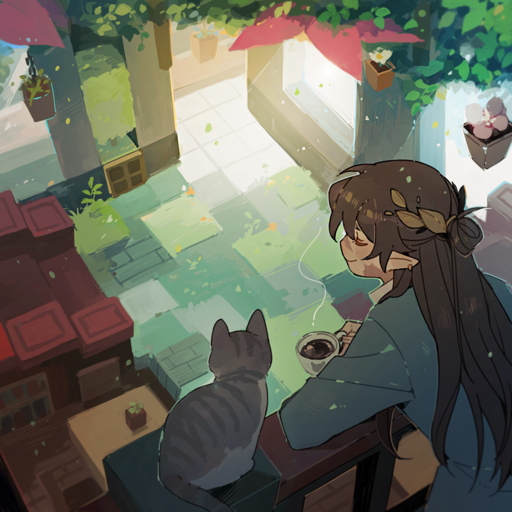 1boy, animal, block_(minecraft), bookshelf, brown_hair, cat, closed_eyes, coffee