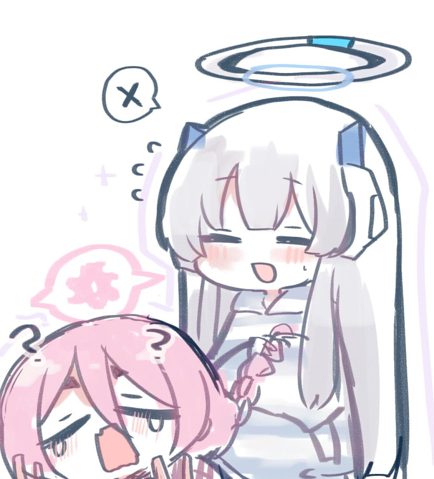 2girls, ?, adjusting_another's_hair, alternate_costume, alternate_hairstyle, blue_archive, blush, blush_stickers
