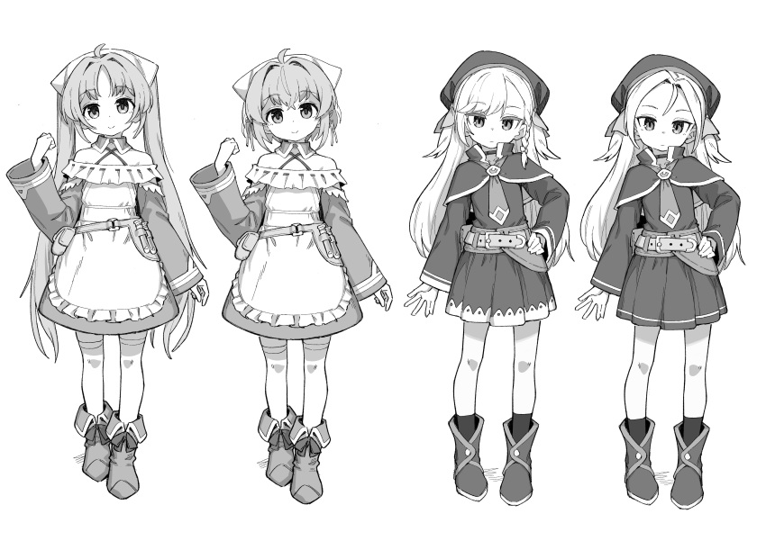 2girls, absurdres, alternate_hair_length, alternate_hairstyle, belt, belt_pouch, bonnet, boots