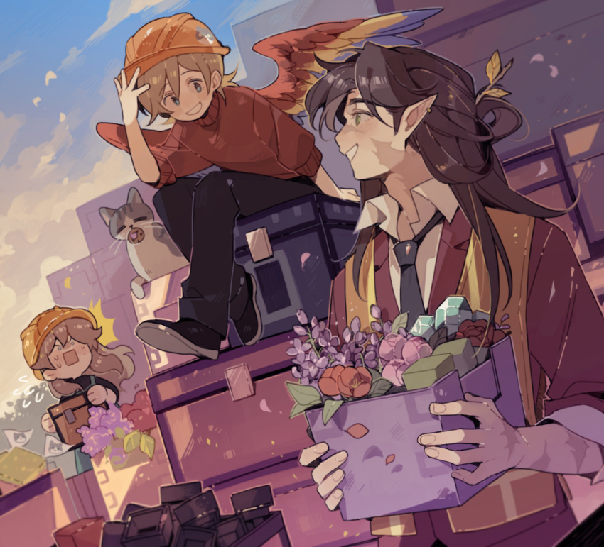 1girl, 2boys, ^^^, bird_boy, bird_wings, block_(minecraft), brown_hair, cat