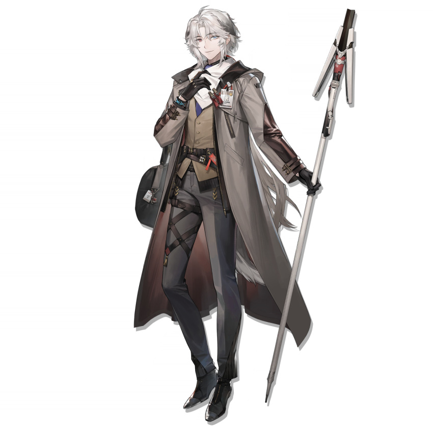 1boy, adjusting_scarf, ahoge, animal_ears, arknights, bag, belt, black_bag