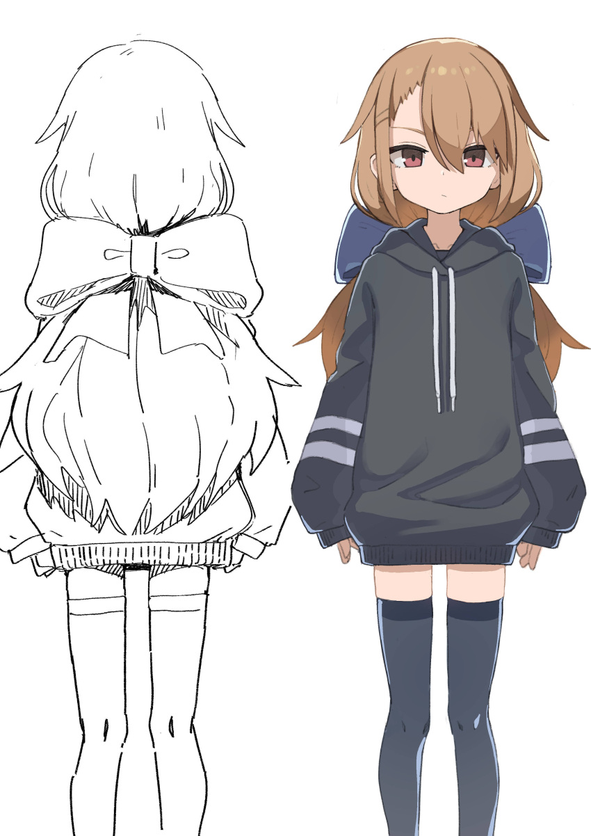1girl, absurdres, black_thighhighs, bow, brown_hair, concept_art, expressionless, flat_chest