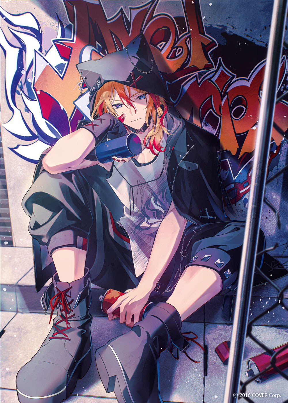 1boy, arm_between_legs, axel_syrios, axel_syrios_(2nd_costume), bishounen, black_choker, blonde_hair, blue_eyes