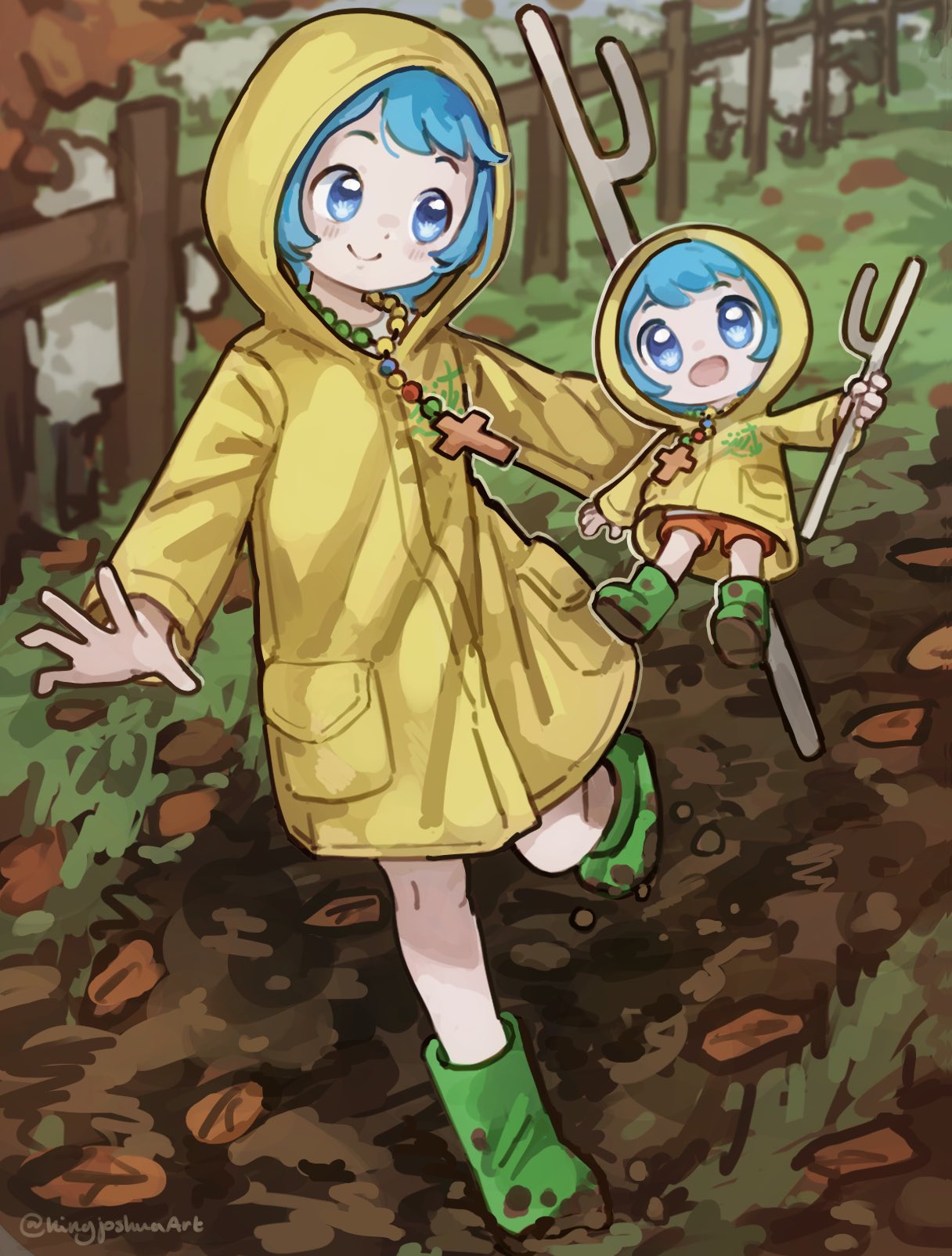 1girl, 2girls, :d, artist_name, autumn, autumn_leaves, bead_necklace, beads, blue_eyes, blue_hair, blush, boots, cane, chibi, commentary, cross, cross_necklace, dirt_road, dirty_footwear, dual_persona, english_commentary, fence, full_body, grass, green_footwear, highres, holding, holding_cane, hood, hood_up, hooded_coat, jewelry, jubilee_2025, kingjoshua, latin_cross, looking_at_another, looking_at_viewer, luce_(jubilee_2025), multiple_girls, necklace, orange_shorts, outdoors, raincoat, road, rosary, rubber_boots, short_hair, shorts, smile, standing, standing_on_one_leg, tree, twitter_username, yellow_raincoat