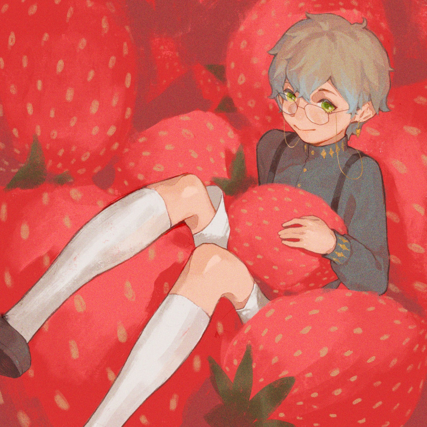 1boy, aged_down, black_shirt, blue_hair, brown_footwear, brown_hair, child, closed_mouth, earrings, eyewear_strap, feet_out_of_frame, film_grain, food, fruit, glasses, green_eyes, highres, ike_eveland, ike_eveland_(1st_costume), jewelry, kneehighs, loafers, long_sleeves, looking_at_viewer, male_focus, mini_person, miniboy, n1e_nie, nijisanji, nijisanji_en, shirt, shoes, short_hair, shorts, sitting, smile, socks, solo, strawberry, suspenders, virtual_youtuber, white_shorts, white_socks