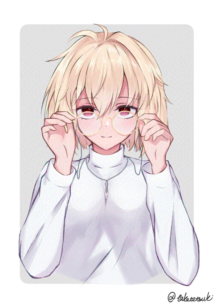 1girl, arcueid_brunestud, artist_name, blonde_hair, border, closed_mouth, commentary_request, dot_nose, glasses, grey_background, highres, jewelry, looking_at_viewer, necklace, outside_border, red_eyes, round_eyewear, short_hair, simple_background, smile, solo, straight-on, sweater, taketsuki_217, tsukihime, turtleneck, turtleneck_sweater, upper_body, white_border, white_sweater