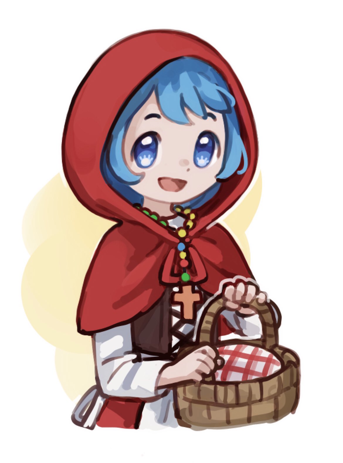 1girl, :d, basket, bead_necklace, beads, blue_eyes, blue_hair, brown_corset