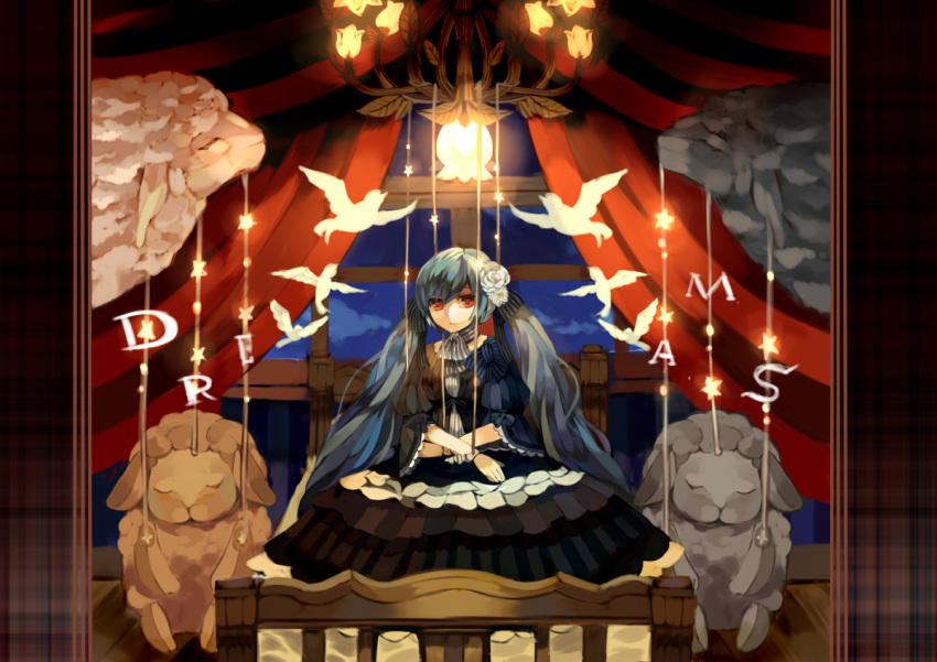 aqua_hair, bad_id, doll_joints, dress, hatsune_miku, lamp, long_hair, okota