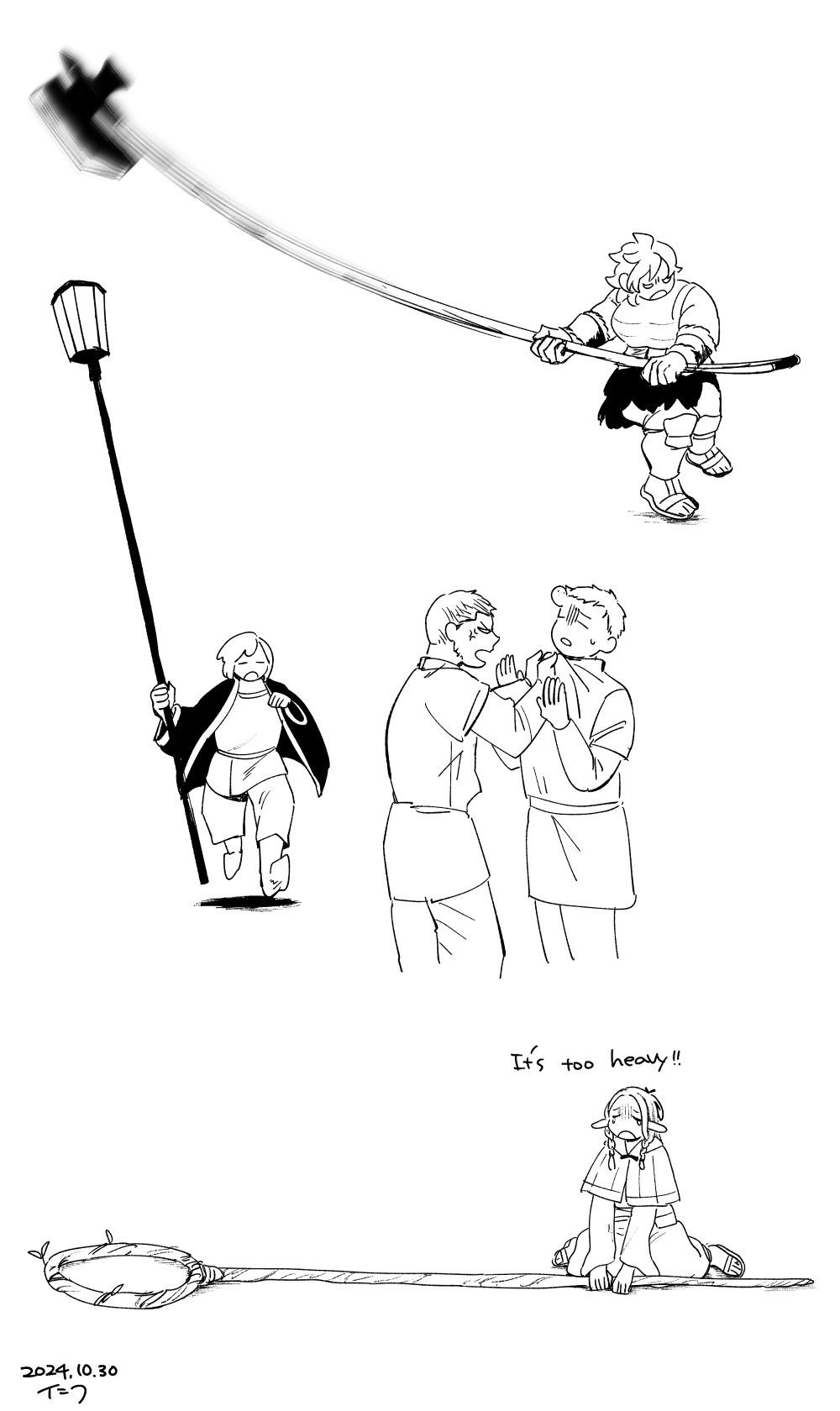 2boys, 3girls, =_=, ambrosia_(dungeon_meshi), artist_name, axe, battle_axe, character_request