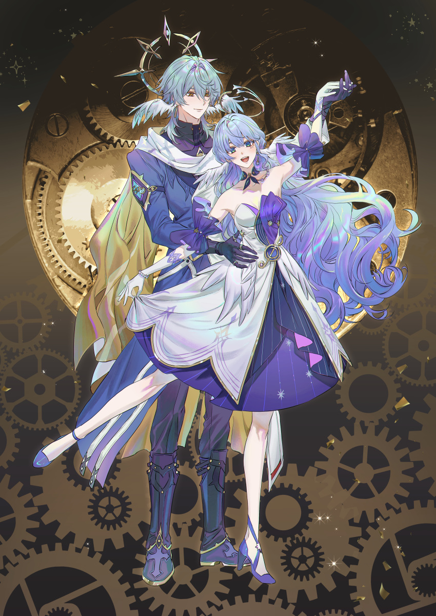 1boy, 1girl, absurdres, arm_up, bare_shoulders, blue_hair, blue_jacket, boots
