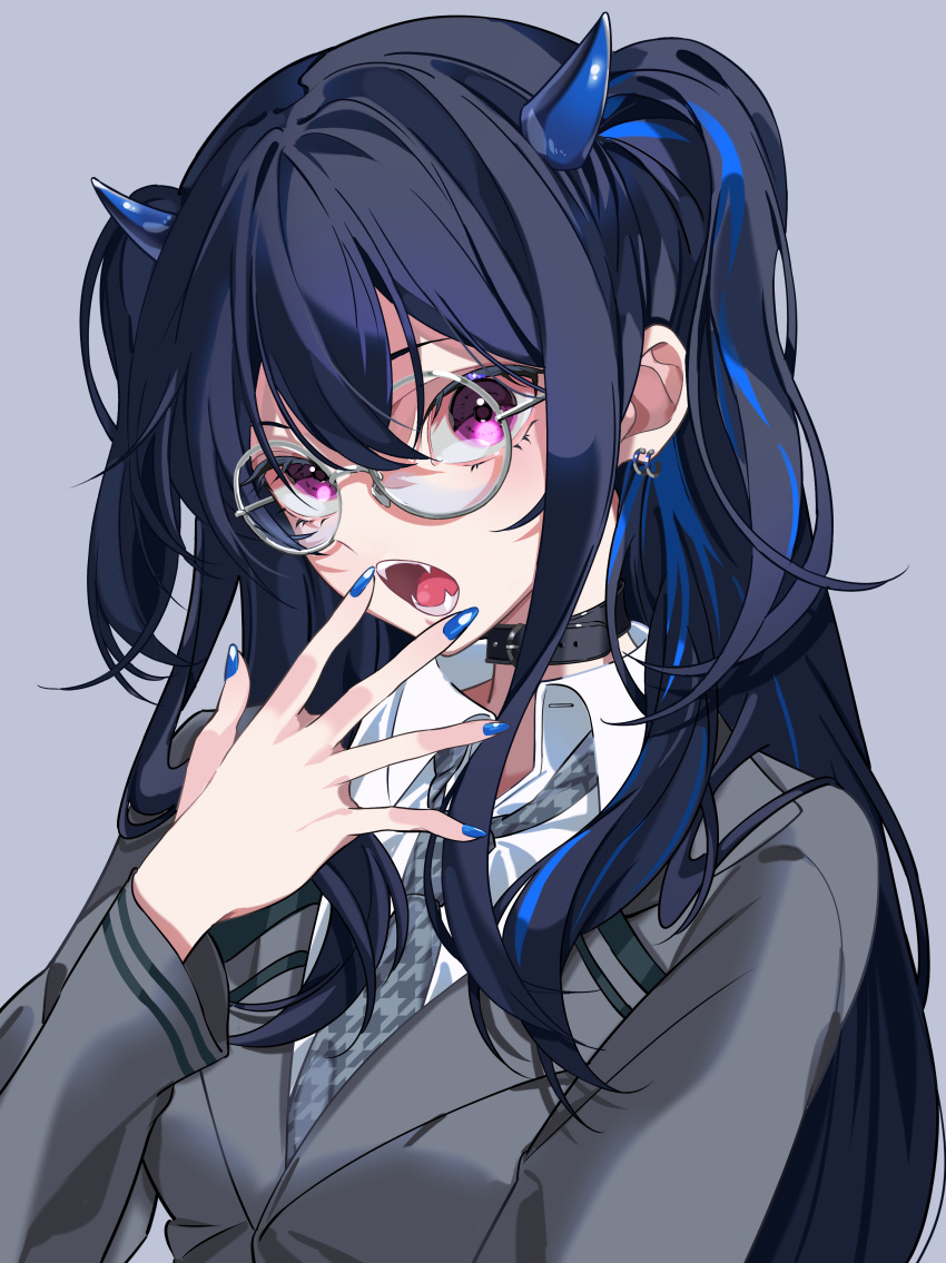 1girl, absurdres, belt_collar, black_collar, black_hair, blue_hair, blue_horns, blue_nails