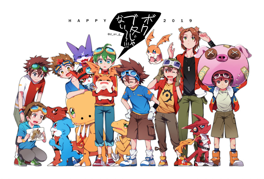 2019, agumon, agumon_(digimon_savers), akashi_tagiru, black_shirt, blue_shirt, brown_hair, chinese_zodiac
