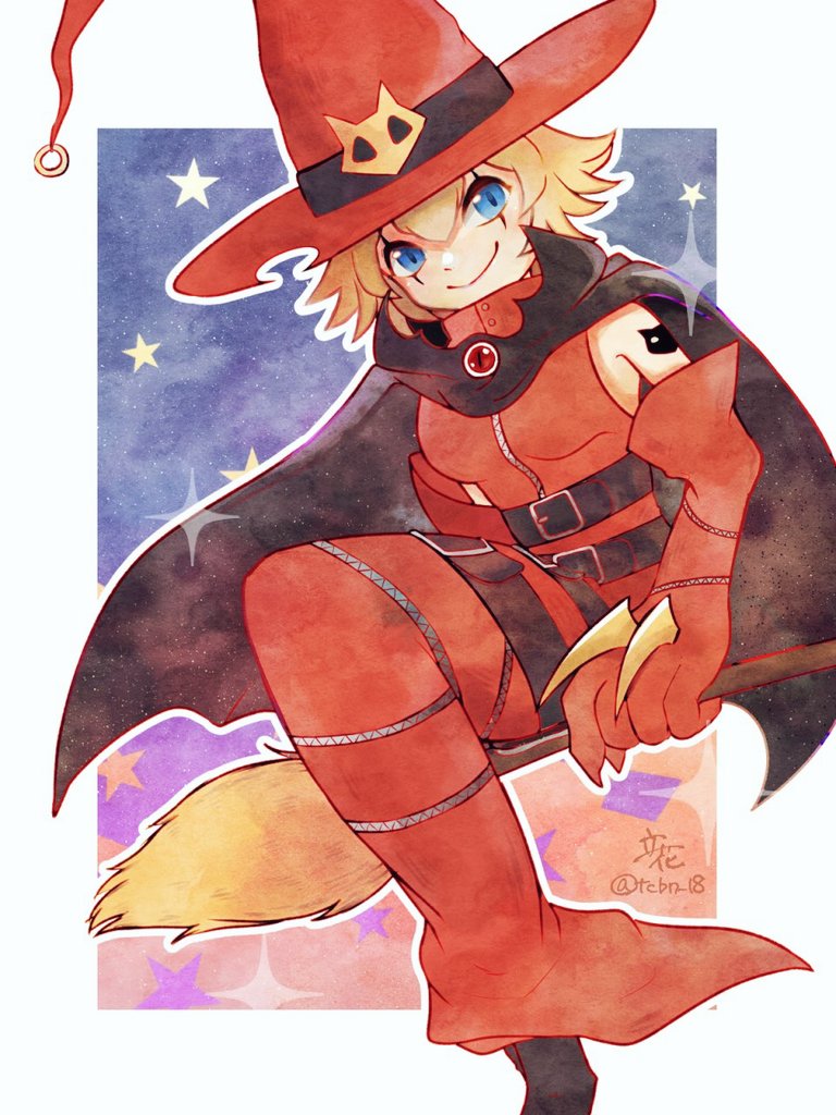 1girl, bare_shoulders, black_cape, blonde_hair, breasts, broom, broom_riding, cape, digimon, digimon_(creature), dress, hat, medium_breasts, red_dress, red_hat, rikka_(tcbn_18), short_hair, solo, twitter_username, witch, witch_hat, witchmon