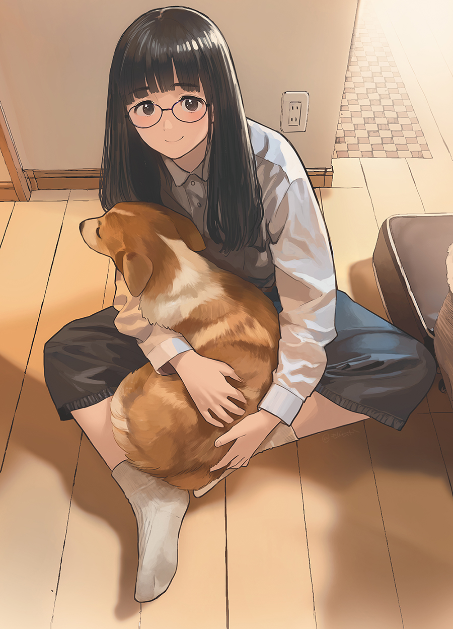 1girl, animal, black_eyes, black_hair, black_shorts, closed_mouth, collared_shirt, dog