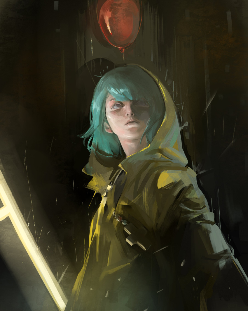 1girl, absurdres, balloon, blue_eyes, blue_hair, cane, cross, cross_necklace, glowing, highres, holding, holding_cane, hood, hood_up, jewelry, jubilee_2025, kanji_(nievart), latin_cross, looking_up, luce_(jubilee_2025), necklace, night, outdoors, rain, realistic, rosary, short_hair, solo, yellow_raincoat