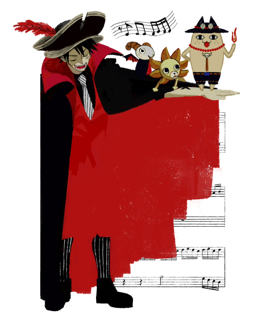 1boy, azumanga_daioh, black_cloak, black_shirt, cloak, cosplay, fire, going_merry, hakatamachine, hat, highres, mihama_chiyo's_father, monkey_d._luffy, musical_note, necktie, one_piece, open_mouth, pirate_hat, portgas_d._ace, portgas_d._ace_(cosplay), scar, scar_on_face, sheet_music, shirt, thousand_sunny, two-sided_cloak, two-sided_fabric, white_necktie