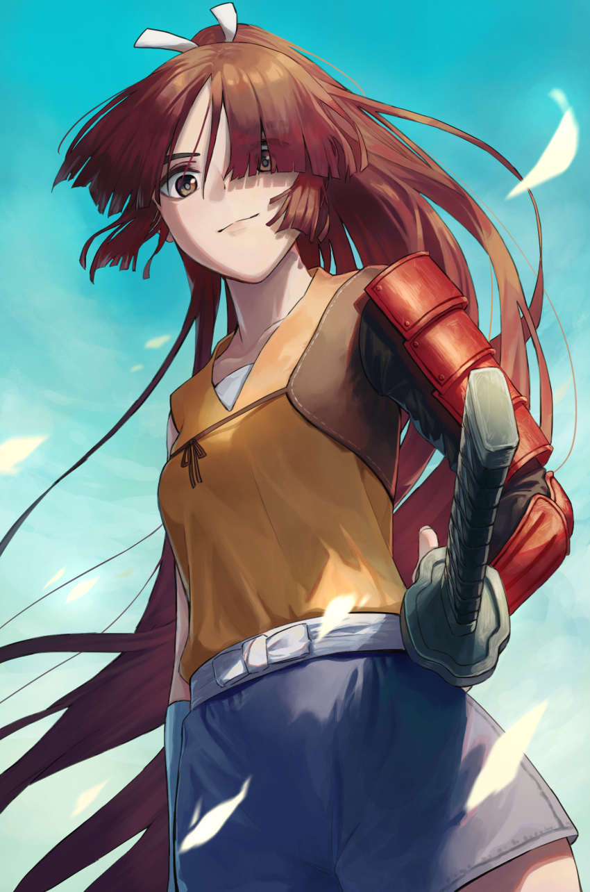 1girl, absurdres, armor, blue_sky, breasts, brown_eyes, brown_hair, crayon_shin-chan