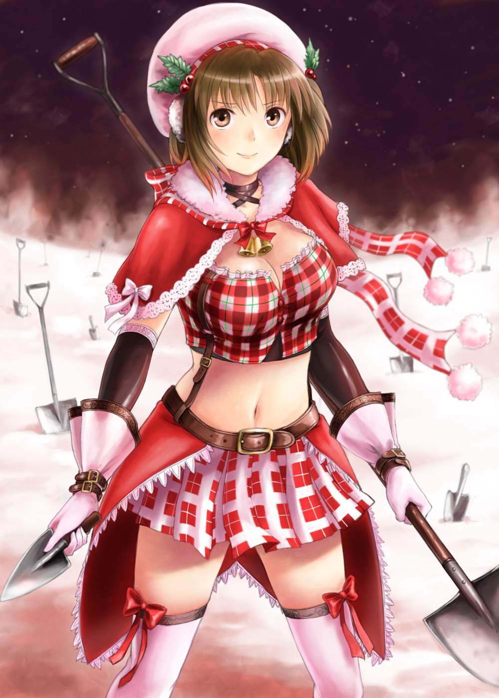 belt, blush, bow_legwear, bow_thighhighs, breasts, brown_eyes, brown_hair, choker, christmas, cleavage, dual_wielding, elbow_gloves, gloves, hachi_shoku, hagiwara_yukiho, hat, highres, idolmaster, midriff, navel, original, parody, plaid, pleated_skirt, santa_hat, short_hair, shovel, skirt, smile, snow, solo, spade, thigh-highs, thighhighs, unlimited_blade_works, white_legwear, white_thighhighs, worktool, yakusa, zettai_ryouiki