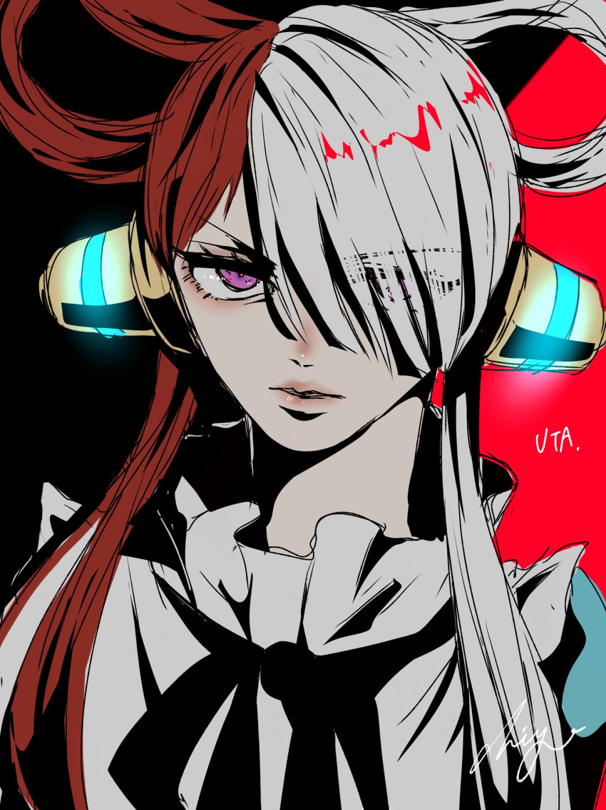 1girl, black_background, character_name, chiyo_(@ch_falgar), commentary_request, dress, hair_over_one_eye, headphones