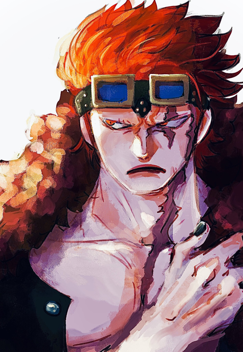1boy, black_nails, cape, chiyo_(@ch_falgar), close-up, closed_mouth, commentary_request, eustass_kid