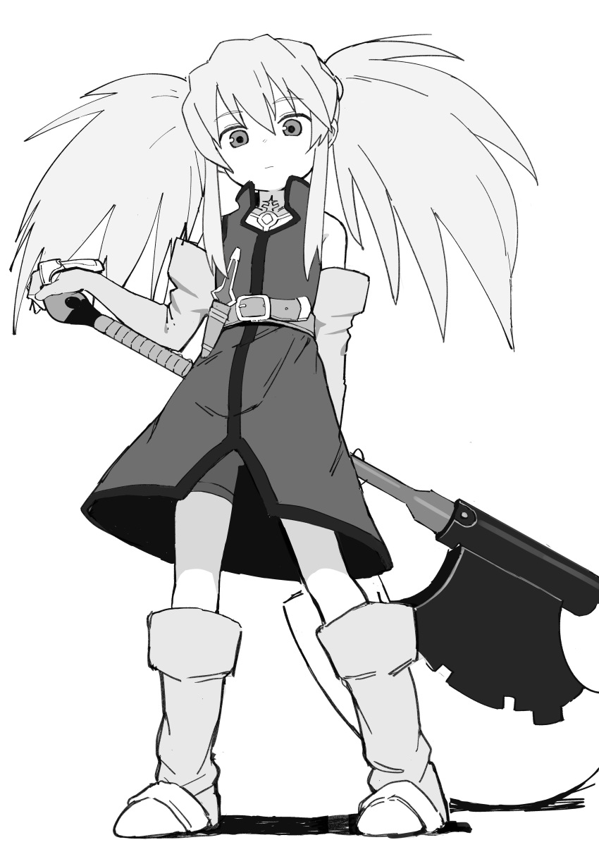 1girl, absurdres, axe, battle_axe, belt, boots, dagger, dress