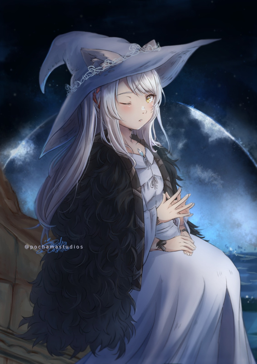 1girl, artist_name, black_cape, blue_hat, cape, commentary, cosplay, crossover