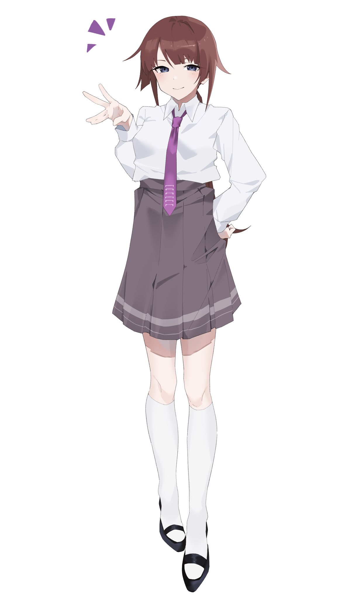 1girl, arril100, black_footwear, blush, breasts, brown_hair, closed_mouth, collared_shirt