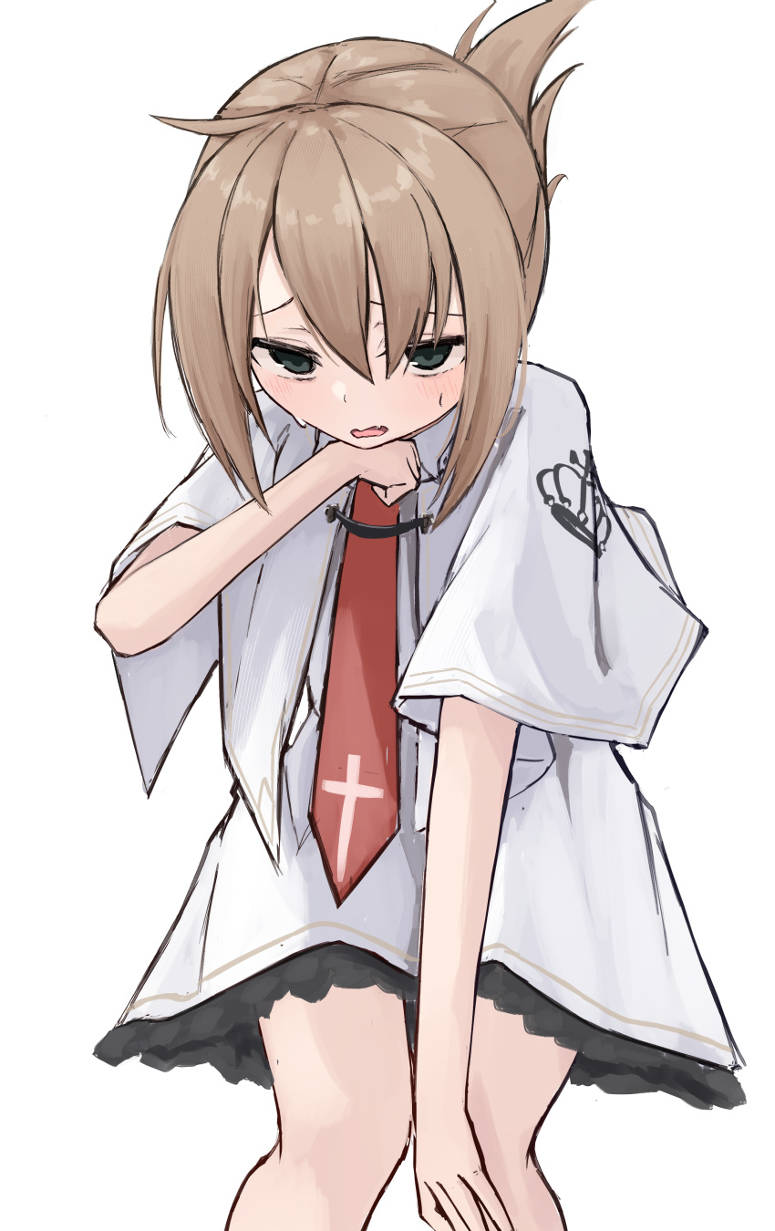 1girl, absurdres, blush, brown_hair, capelet, cowboy_shot, cowlick, cross, cross_print, exhausted, eyebrows_hidden_by_hair, fang, folded_ponytail, frilled_skirt, frills, furrowed_brow, green_eyes, hair_between_eyes, hand_up, highres, leaning_forward, looking_at_viewer, medium_hair, necktie, open_mouth, print_necktie, red_necktie, sanpaku, school_uniform, shirt, sidelocks, skin_fang, skirt, solo, subarashiki_hibi, sweat, tachibana_kimika, takoyaki032002, upturned_eyes, wavy_mouth, white_capelet, white_shirt, white_skirt