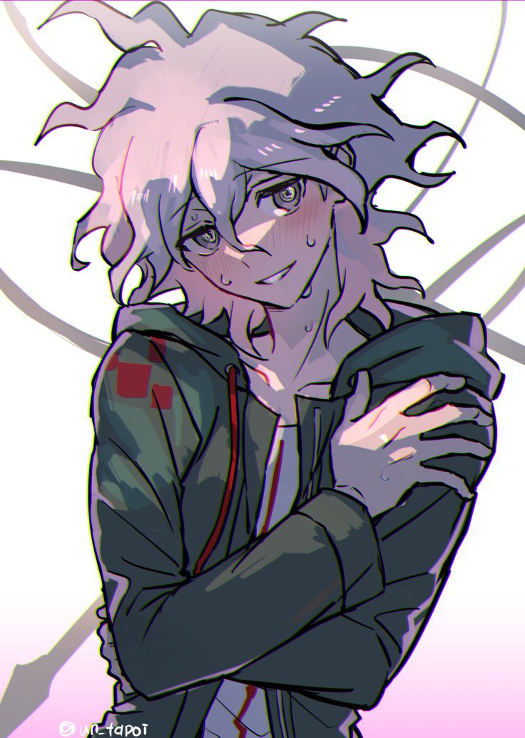 1boy, arm_across_waist, blush, collarbone, commentary, cowboy_shot, crossed_arms, danganronpa_(series)