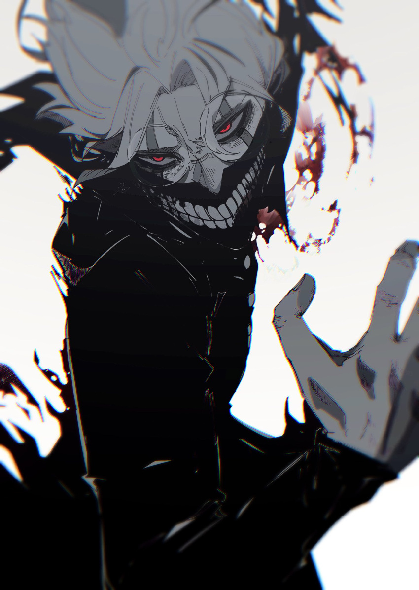 1boy, alternate_form, black_jacket, black_pants, blood, clenched_teeth, commentary, dandadan