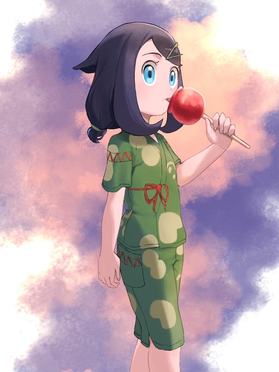 1girl, blue_eyes, blue_hair, candy_apple, food, green_kimono, hair_ornament, hairclip