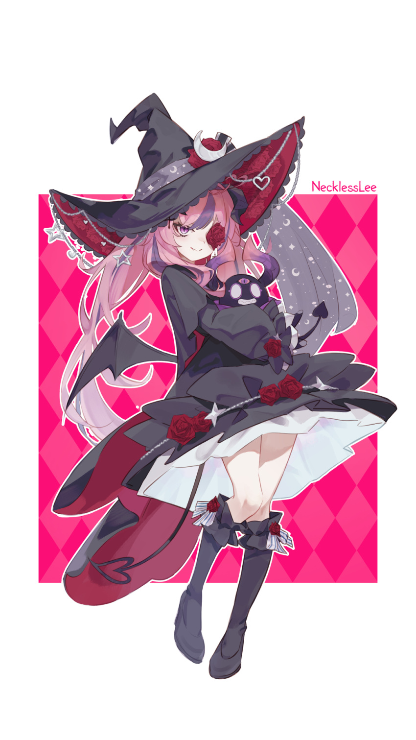 1girl, black_dress, black_footwear, black_hat, bubi_(ironmouse), demon_girl, demon_horns, demon_tail