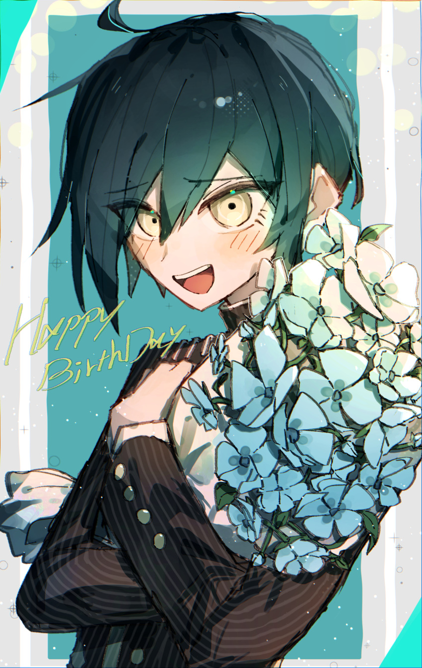 1boy, absurdres, ahoge, black_hair, black_jacket, blue_flower, blush, bouquet, brown_eyes, buttons, collared_jacket, commentary, danganronpa_(series), danganronpa_v3:_killing_harmony, eyelashes, flower, hair_between_eyes, happy_birthday, highres, holding, holding_bouquet, jacket, long_sleeves, looking_at_viewer, male_focus, open_mouth, pinstripe_jacket, pinstripe_pattern, saihara_shuichi, short_hair, simple_background, smile, solo, striped_clothes, striped_jacket, teeth, upper_body, vertical-striped_sleeves, youzuki_rie