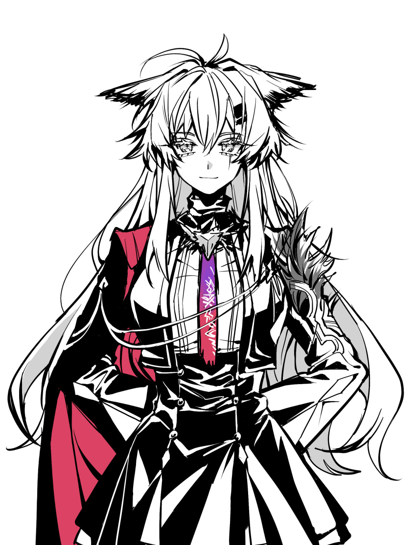 1girl, absurdres, animal_ears, antenna_hair, arknights, arms_behind_back, breasts, brooch, buttons, cape, closed_mouth, commentary, cowboy_shot, cropped_jacket, double-breasted, gradient_necktie, greyscale, hair_between_eyes, hair_ornament, hairclip, high-waist_skirt, high_collar, highres, jacket, jewelry, lappland_(arknights), lappland_the_decadenza_(arknights), light_smile, long_hair, long_sleeves, looking_at_viewer, medium_breasts, messy_hair, monochrome, multicolored_necktie, necktie, official_alternate_costume, open_clothes, open_jacket, purple_necktie, red_cape, red_necktie, scar, scar_across_eye, scar_on_face, shirt, shirt_tucked_in, shoulder_pads, simple_background, single_shoulder_pad, skirt, solo, standing, straight-on, symbol-only_commentary, two-tone_necktie, umiakira0606, wolf_ears, wolf_girl
