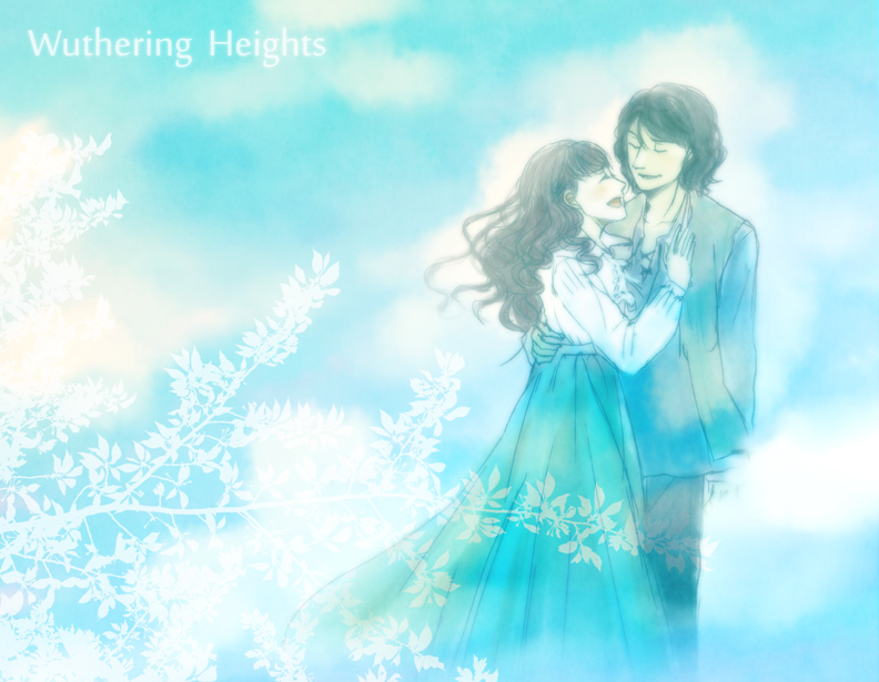 1boy, 1girl, animification, black_hair, brown_hair, catherine_earnshaw, closed_eyes, copyright_name