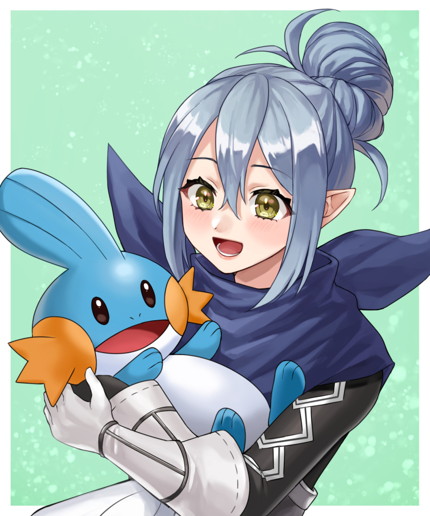 1girl, blue_background, blue_hair, blue_scarf, blush, border, carrying, commentary_request