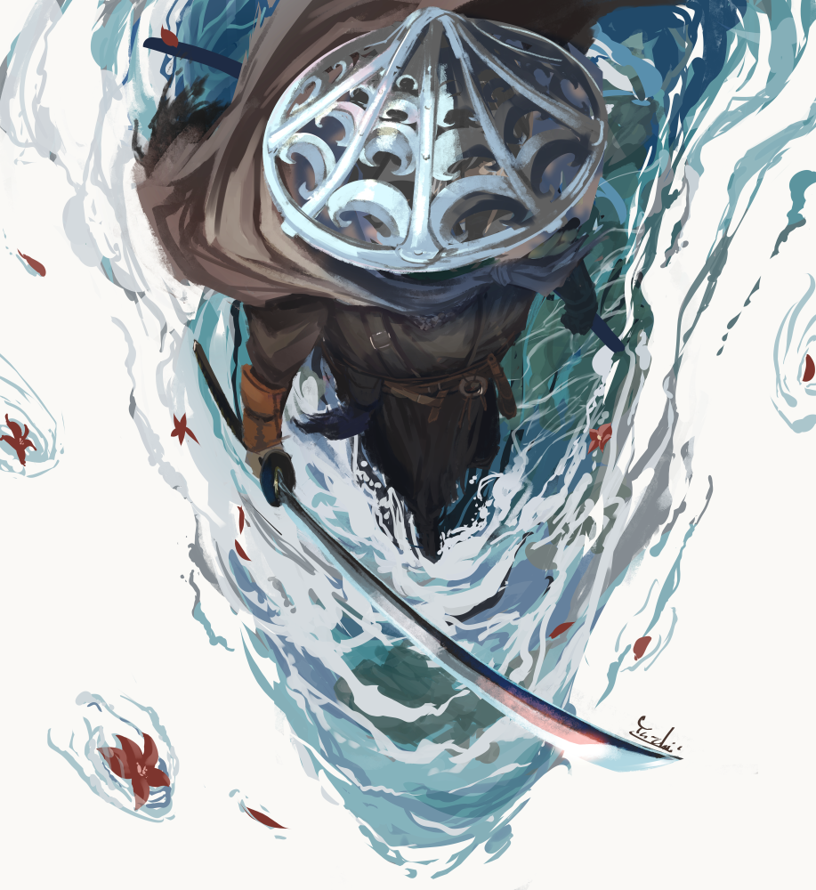 1boy, ahamma, bloody_finger_hunter_yura, commentary_request, elden_ring, from_above, holding, holding_sword