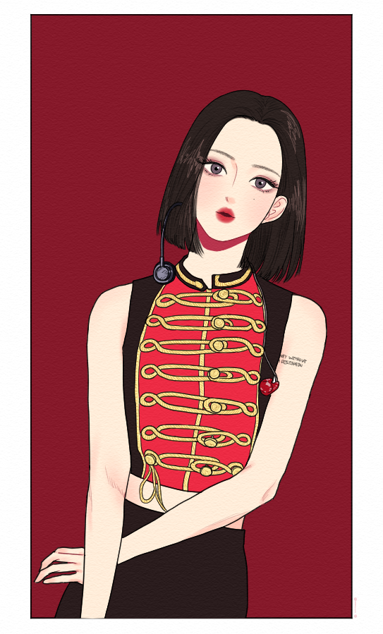 1girl, brown_hair, commentary, cowboy_shot, doo_twodot, eyeshadow, k-pop, looking_at_viewer