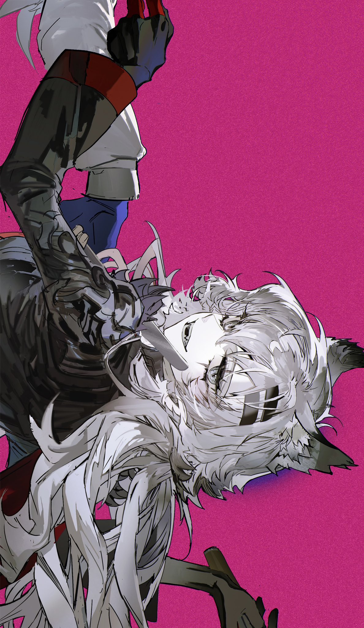 2girls, :d, animal_ear_fluff, animal_ears, arknights, asymmetrical_gloves, black_gloves, black_jacket, blue_gloves, eyelashes, fangs, fingerless_gloves, floating_hair, from_behind, gloves, grey_eyes, grey_hair, hair_between_eyes, hair_ornament, hairclip, half-closed_eye, hand_up, hands_up, highres, holding, jacket, lappland_(arknights), lappland_the_decadenza_(arknights), long_hair, long_sleeves, looking_at_viewer, looking_back, messy_hair, mismatched_gloves, multicolored_clothes, multicolored_gloves, multiple_girls, nano_(c175311), official_alternate_costume, open_mouth, pale_skin, puffy_sleeves, red_gloves, scar, scar_across_eye, scar_on_face, shoulder_pads, sideways, smile, solo_focus, teeth, texas_(arknights), texas_the_omertosa_(arknights), turning_head, two-tone_gloves, upper_body, wide_sleeves, wolf_ears, wolf_girl