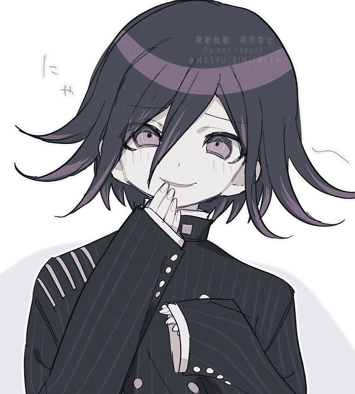 1boy, black_hair, blush, buttons, commentary, cosplay, danganronpa_(series), danganronpa_v3:_killing_harmony, double-breasted, flipped_hair, hair_between_eyes, hand_to_own_mouth, highres, jacket, long_sleeves, looking_at_viewer, male_focus, masyu_bimitalya, muted_color, oma_kokichi, oversized_clothes, pinstripe_jacket, pinstripe_pattern, portrait, purple_hair, ringed_eyes, saihara_shuichi, saihara_shuichi_(cosplay), short_hair, smile, smug, solo, striped_clothes, striped_jacket, violet_eyes, watermark
