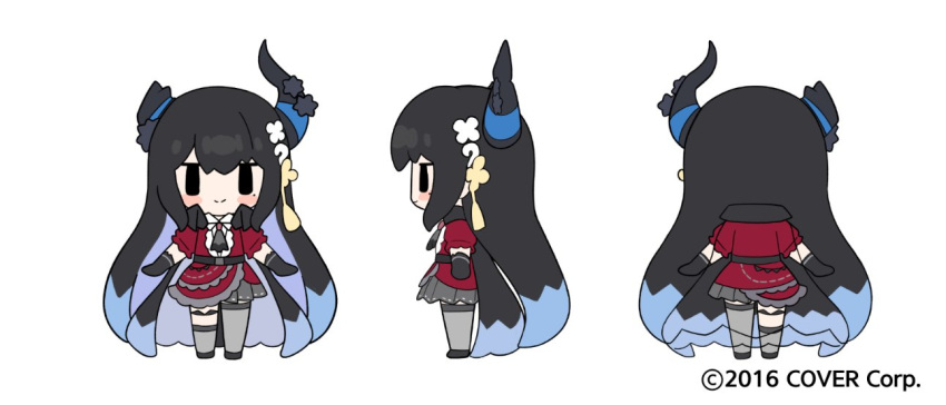 1girl, black_footwear, black_gloves, black_hair, blue_hair, blush_stickers, broken_horn, chibi