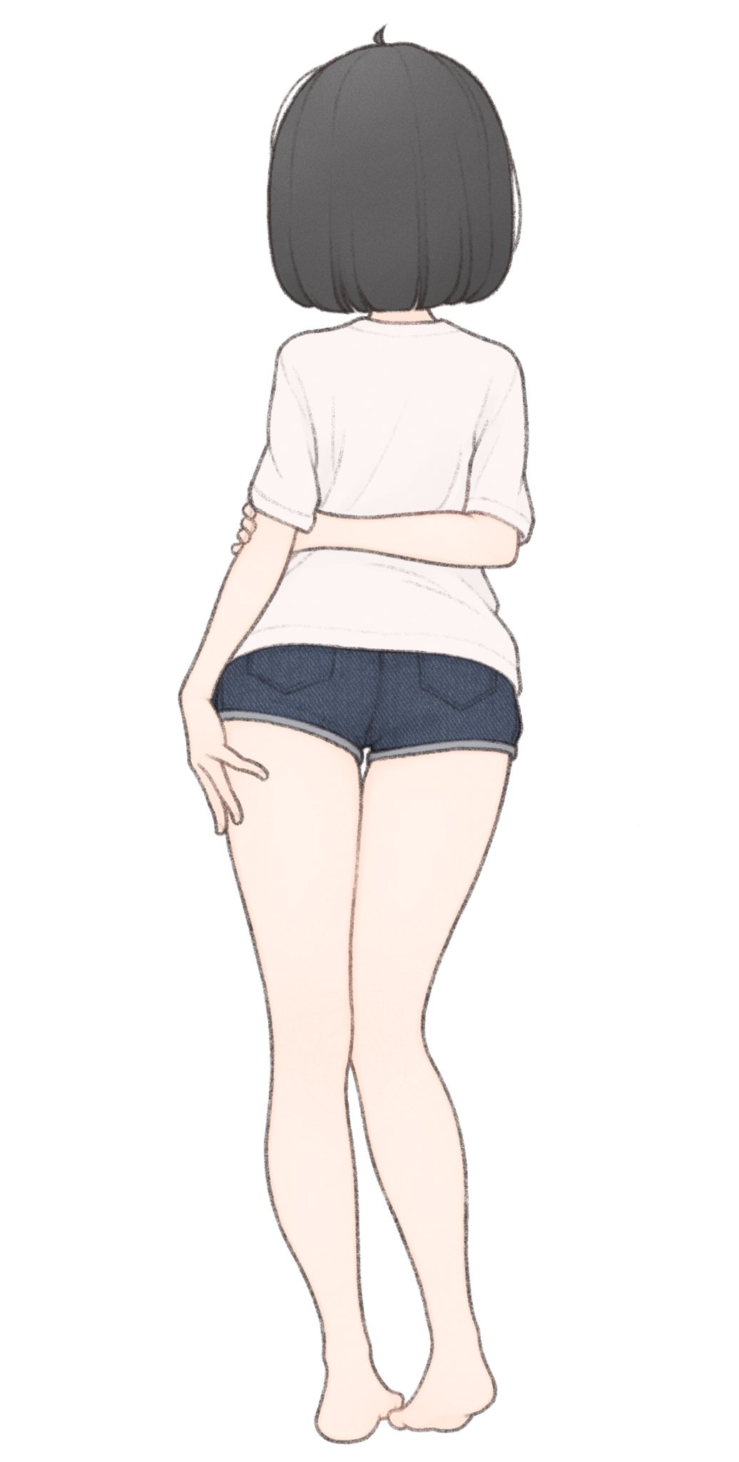 1girl, 1ssakawaguchi, ahoge, arm_behind_back, ass, barefoot, black_hair, denim