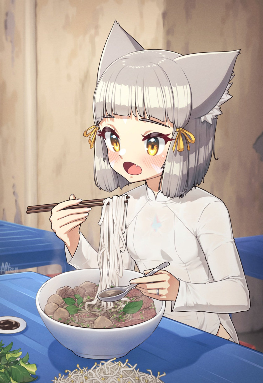 1girl, alten, animal_ears, ao_dai, cat_ears, cat_girl, chopsticks, core_crystal_(xenoblade)